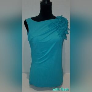 Vintage Anne Klein Sleeveless Blouse with Floral Accent Teal/Turquiose Sz L
